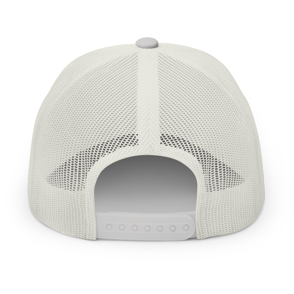 Back view of the light grey Sukkot Dwell With Him trucker cap showing mesh and snapback closure