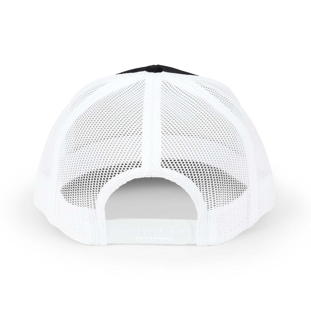 Back of the black and white Sukkot Feast Gear trucker cap showing white mesh and the snap closure