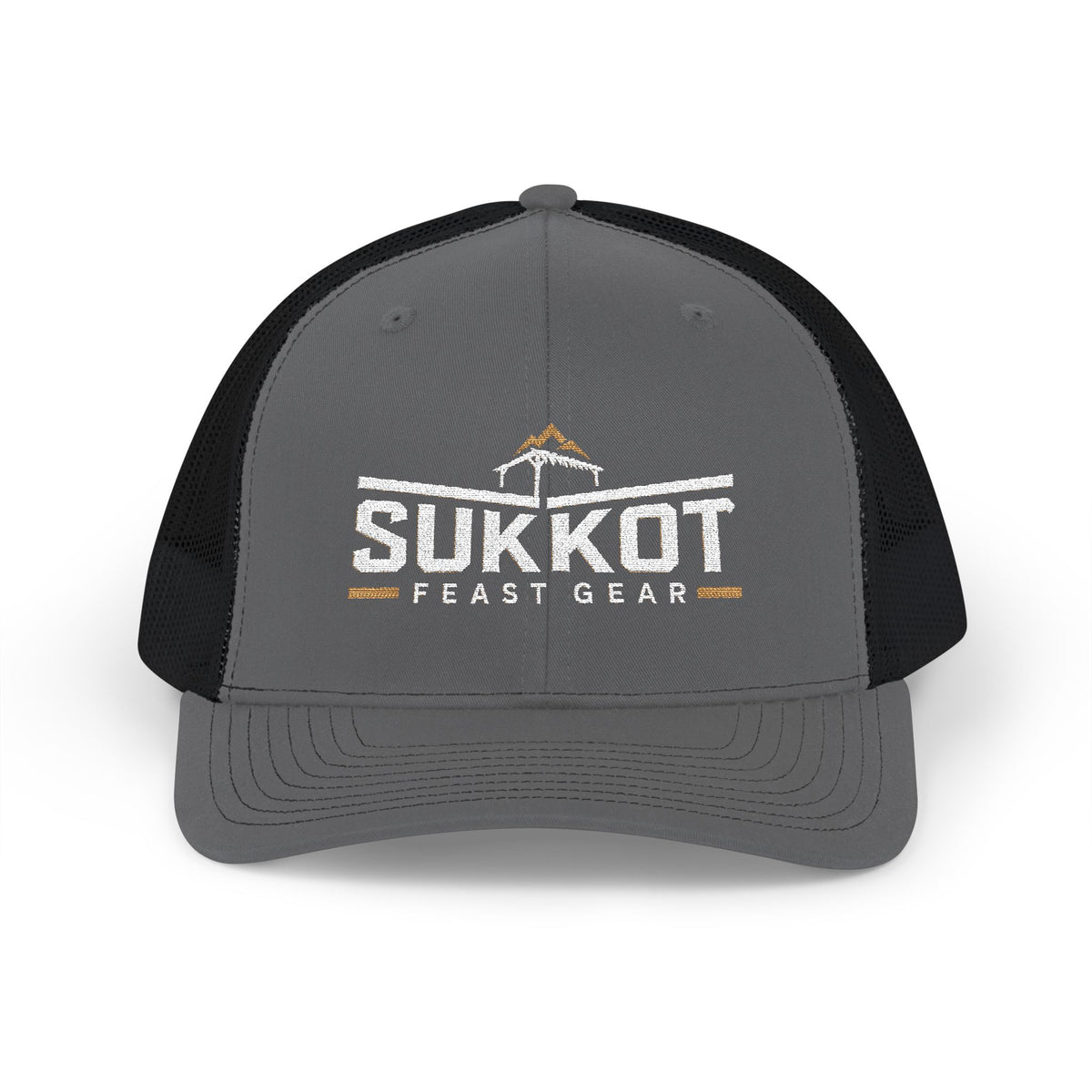 Charcoal and black Sukkot Feast Gear Richardson 112 trucker cap with white Sukkot wordmark and small sukkah, front view