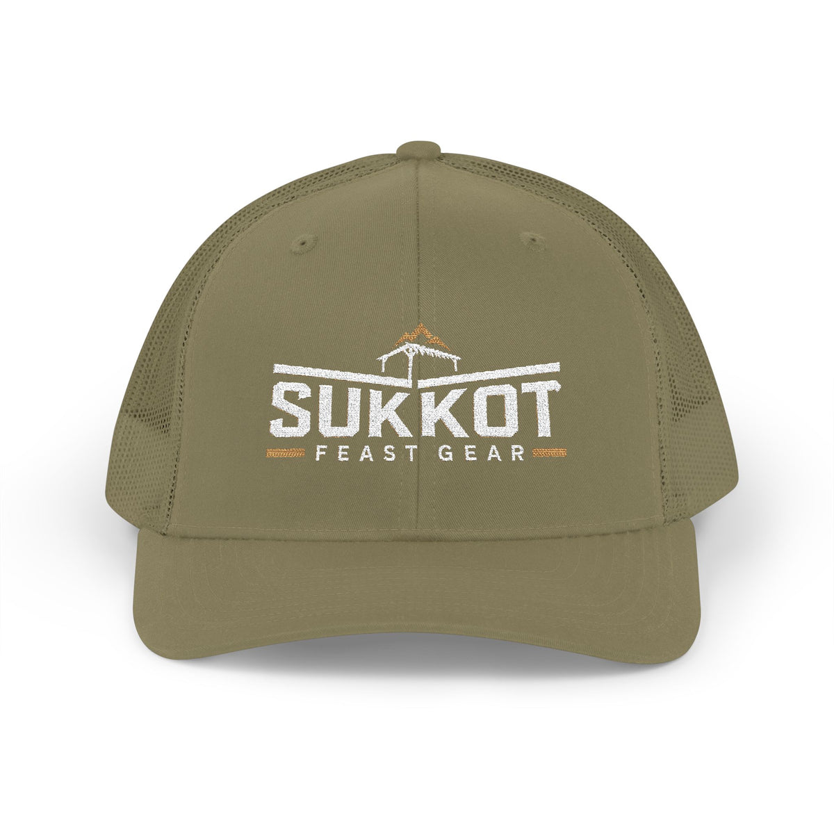 Loden green Sukkot Feast Gear Richardson 112 trucker cap with white Sukkot wordmark and small sukkah, front view