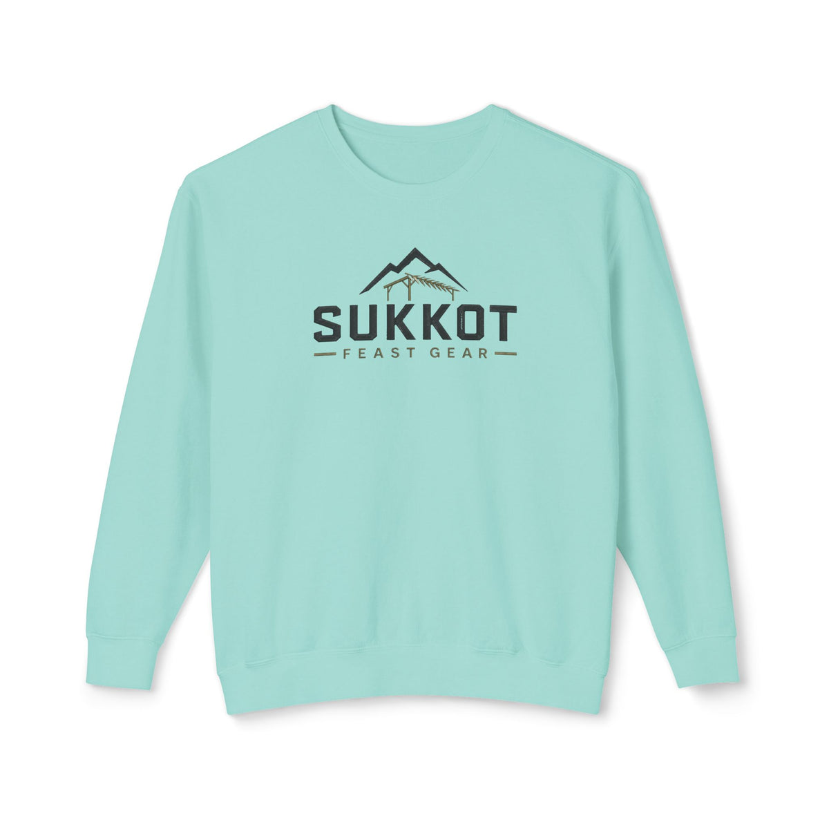Chalky mint SUKKOT Feast Gear sweatshirt with a sukkah and mountain logo, front view on a white background