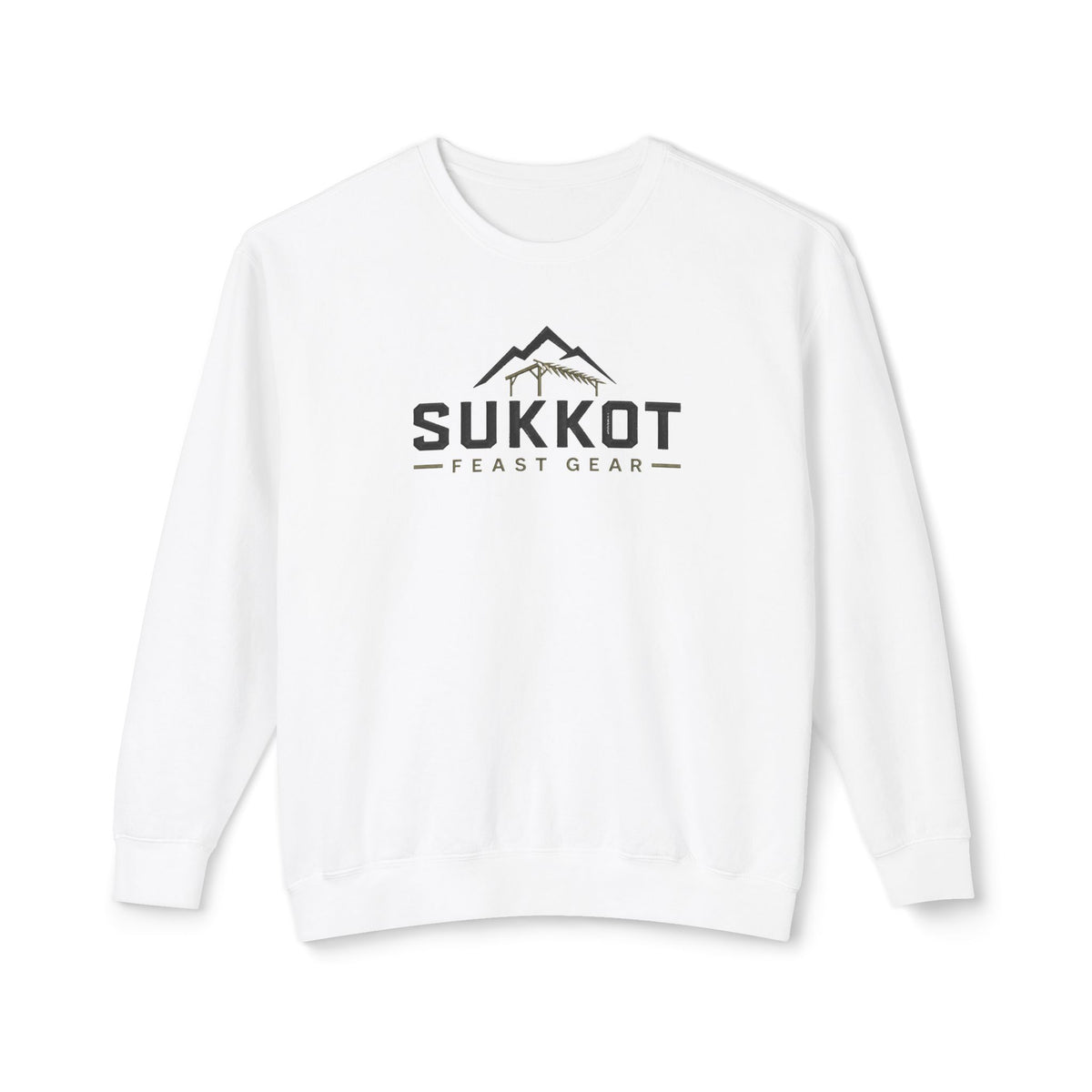 White SUKKOT Feast Gear sweatshirt with a sukkah and mountain logo, front view on a white background
