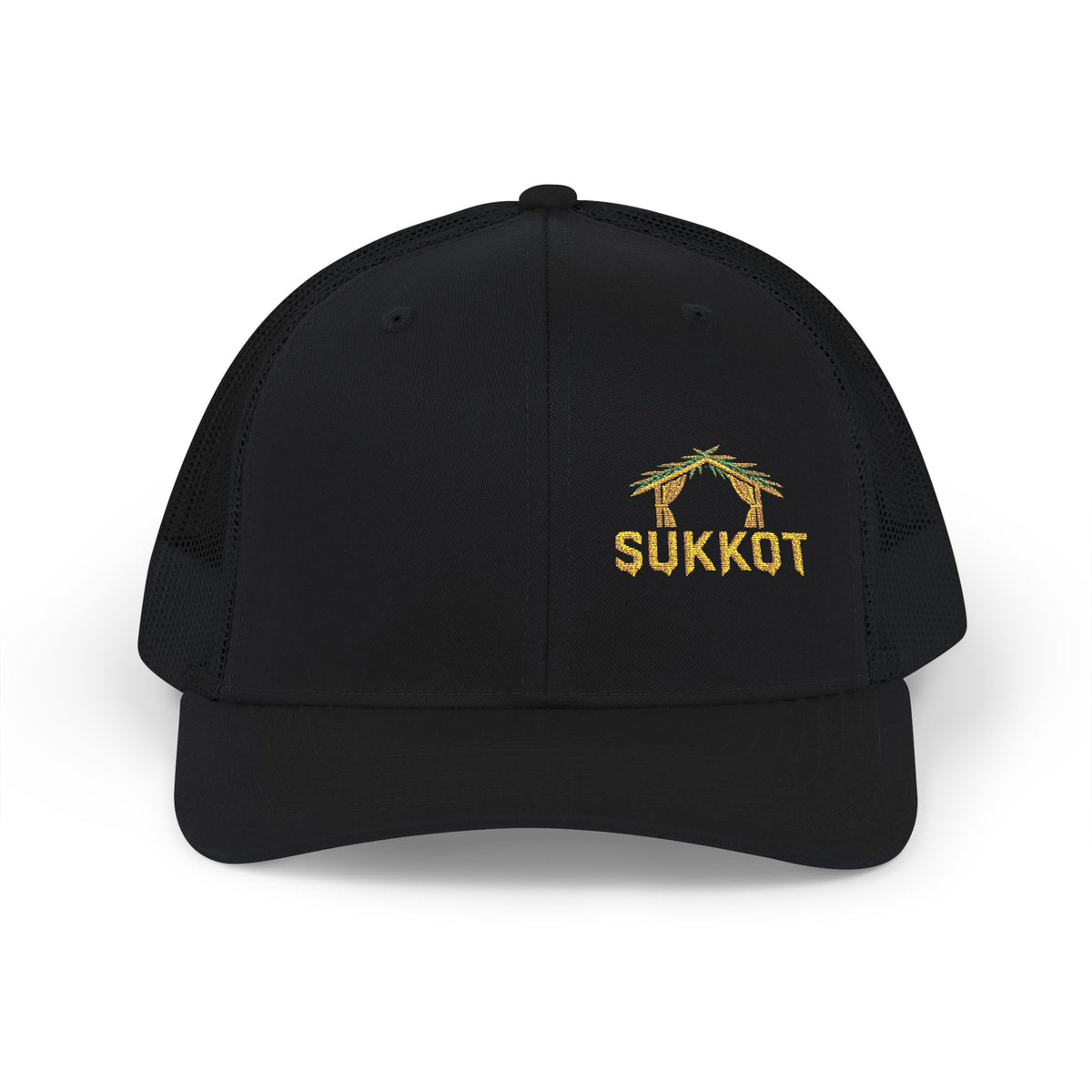 Black trucker cap with small gold SUKKOT sukkah embroidery on the left front, front view