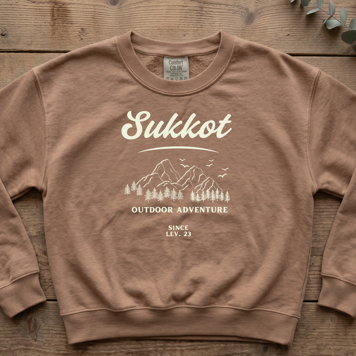 Espresso Sukkot Outdoor Adventure Since Lev. 23 sweatshirt with a mountain and pines sketch, laid flat on a wooden table