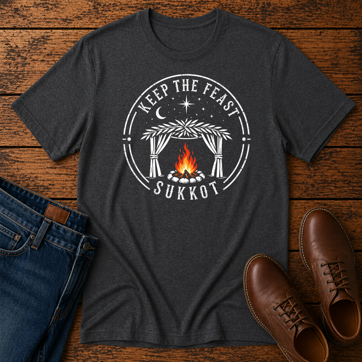 Dark heather gray t-shirt with a white KEEP THE FEAST SUKKOT sukkah badge with an orange campfire, laid flat with jeans and brown leather boots