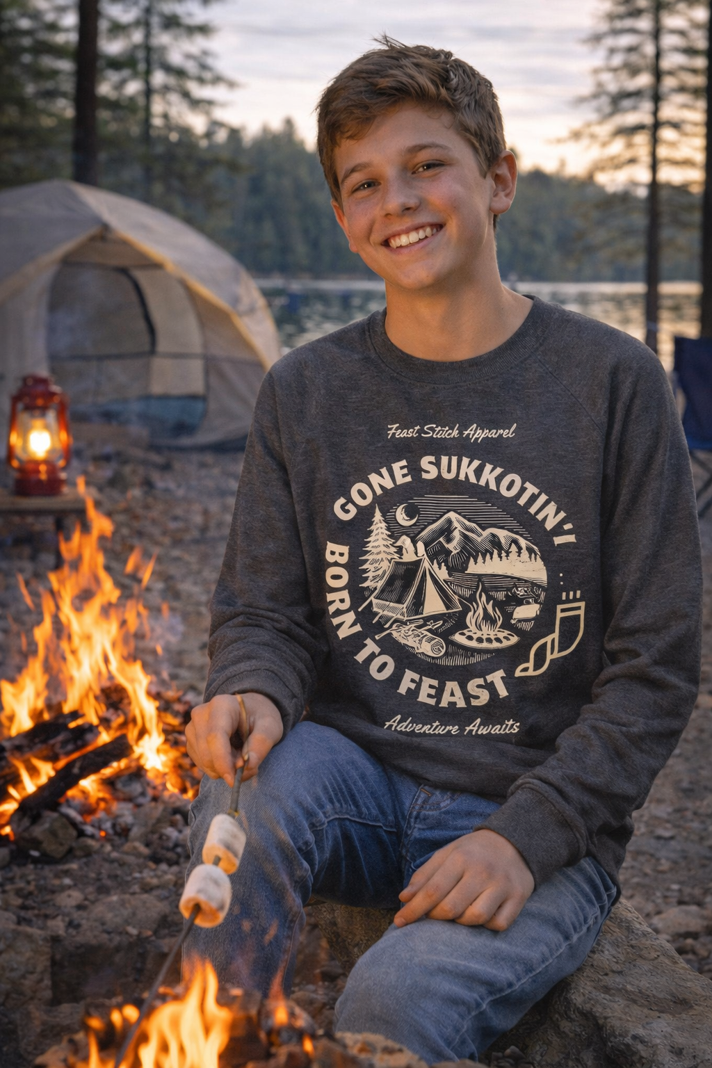 Dark heather Gone Sukkotin' Born to Feast youth sweatshirt worn by a smiling teen boy roasting marshmallows by a campfire