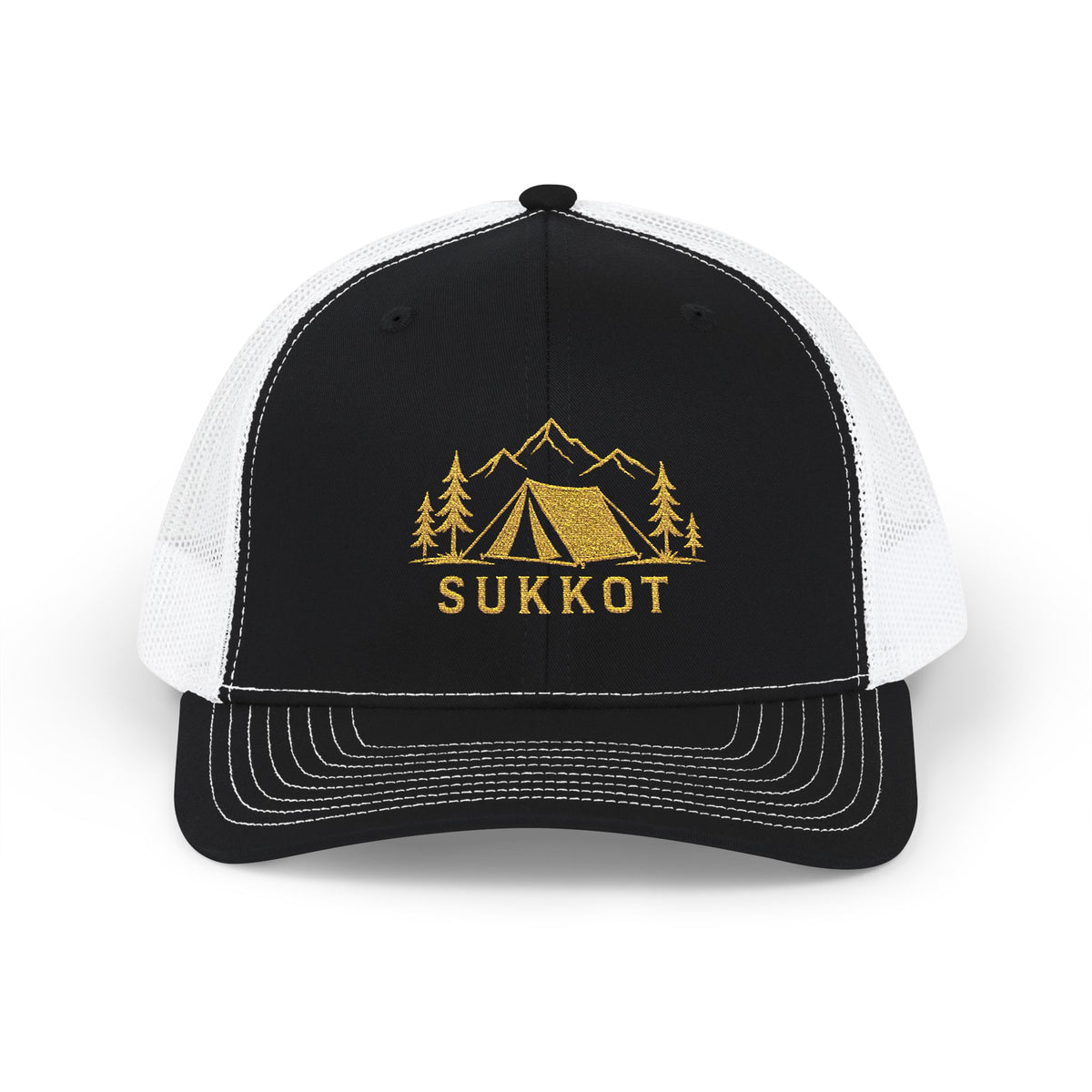 Black trucker cap with white mesh back and gold SUKKOT embroidery with a tent, pines and mountains, front view