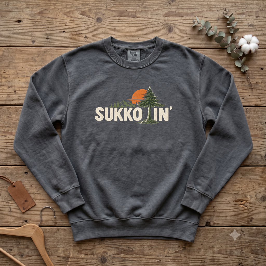 Pepper Sukkotin' sweatshirt with a pine tree and orange sun in the lettering, laid flat on a wooden table