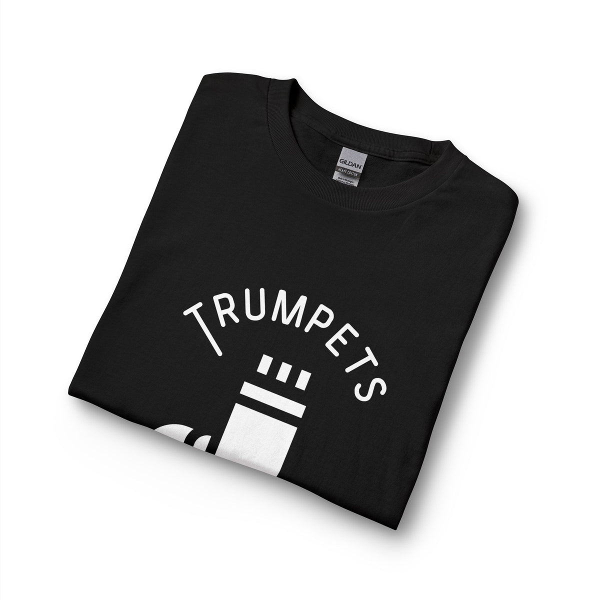 Folded black Trumpets long sleeve tee showing the white Trumpets lettering and shofar graphic