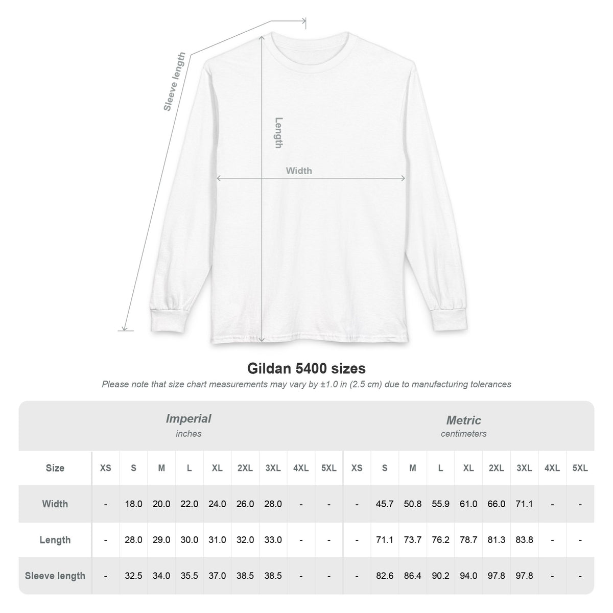 Size chart for the Gildan 5400 unisex long sleeve tee in inches and centimeters