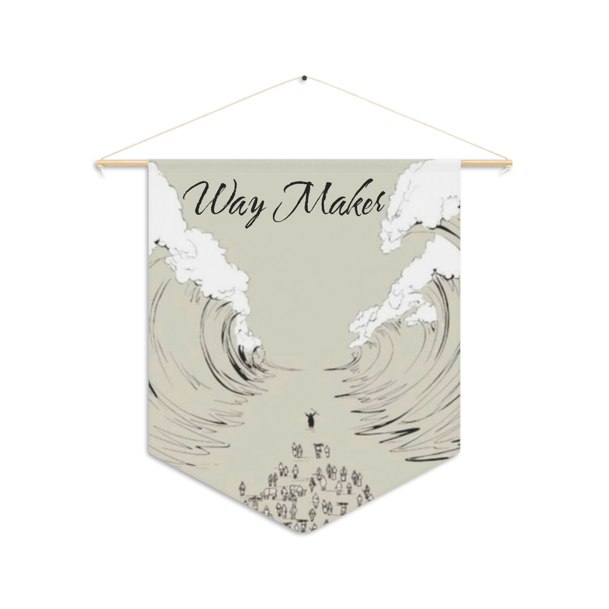 Way Maker wall pennant with a sketch of the parted sea and people crossing on dry ground, shown on a white background