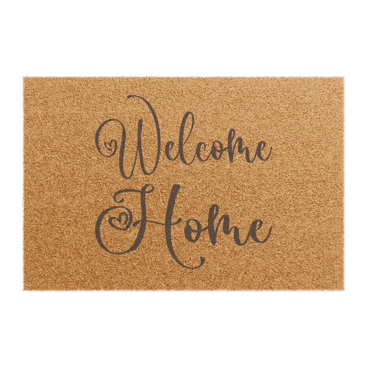 Natural coir doormat reading "Welcome Home" in flowing black script, on white