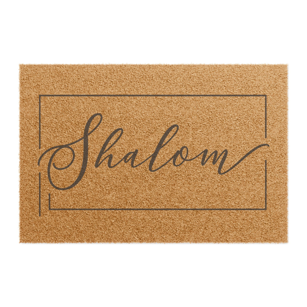Natural coir doormat with "Shalom" in flowing black script inside a thin rectangular frame, on white