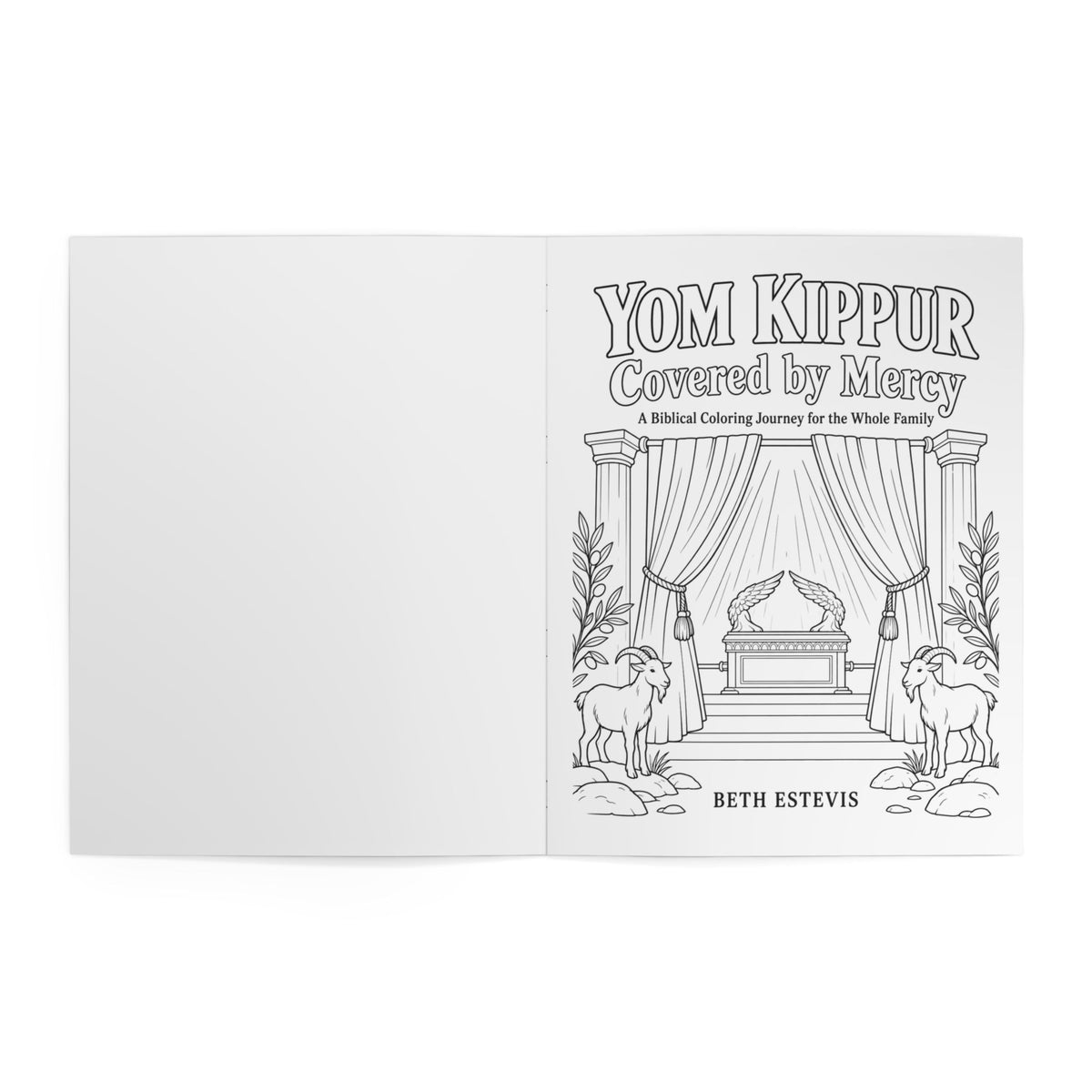 Open Yom Kippur Covered by Mercy coloring book showing black-and-white cover page ready to color