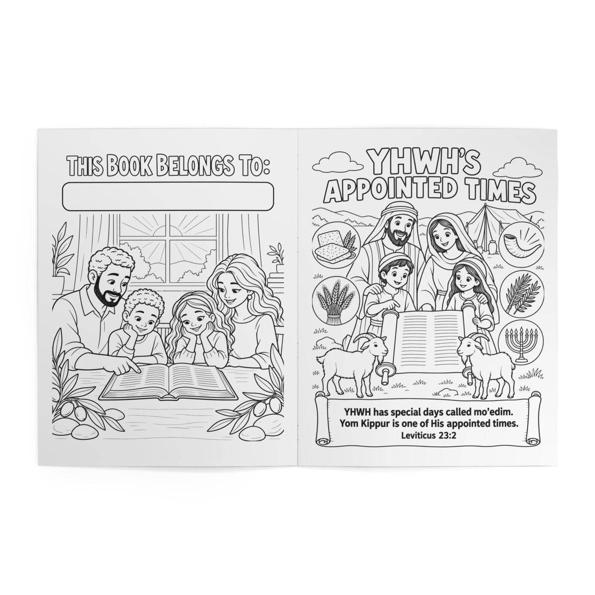 Interior pages of Yom Kippur Covered by Mercy coloring book with This Book Belongs To and YHWH's Appointed Times scenes